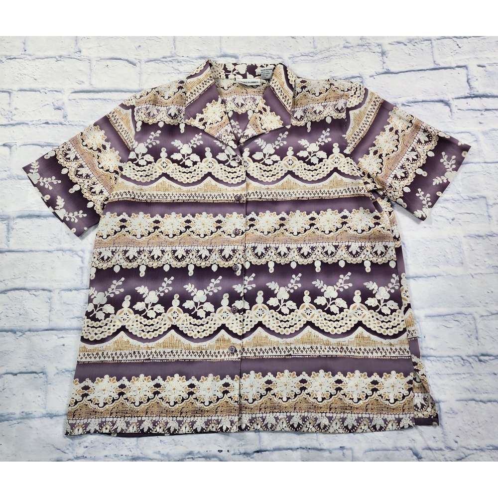 Alfred Dunner WOMENS SIZE 14 Beige Purple Floral Button Blouse Short Sleeve